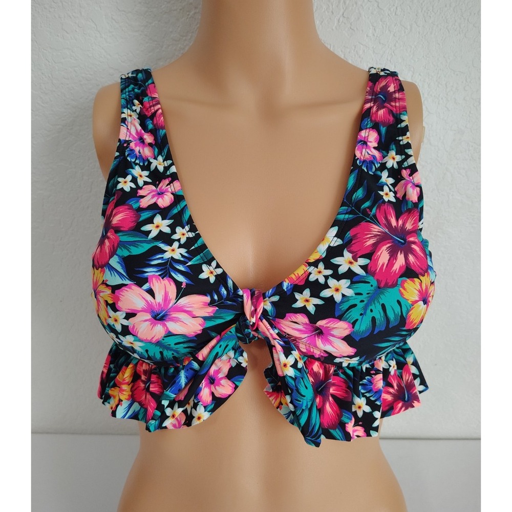 Island Soul Women's Bikini Swim Top Bright Floral Tie Front Ruffles Size M - NWT